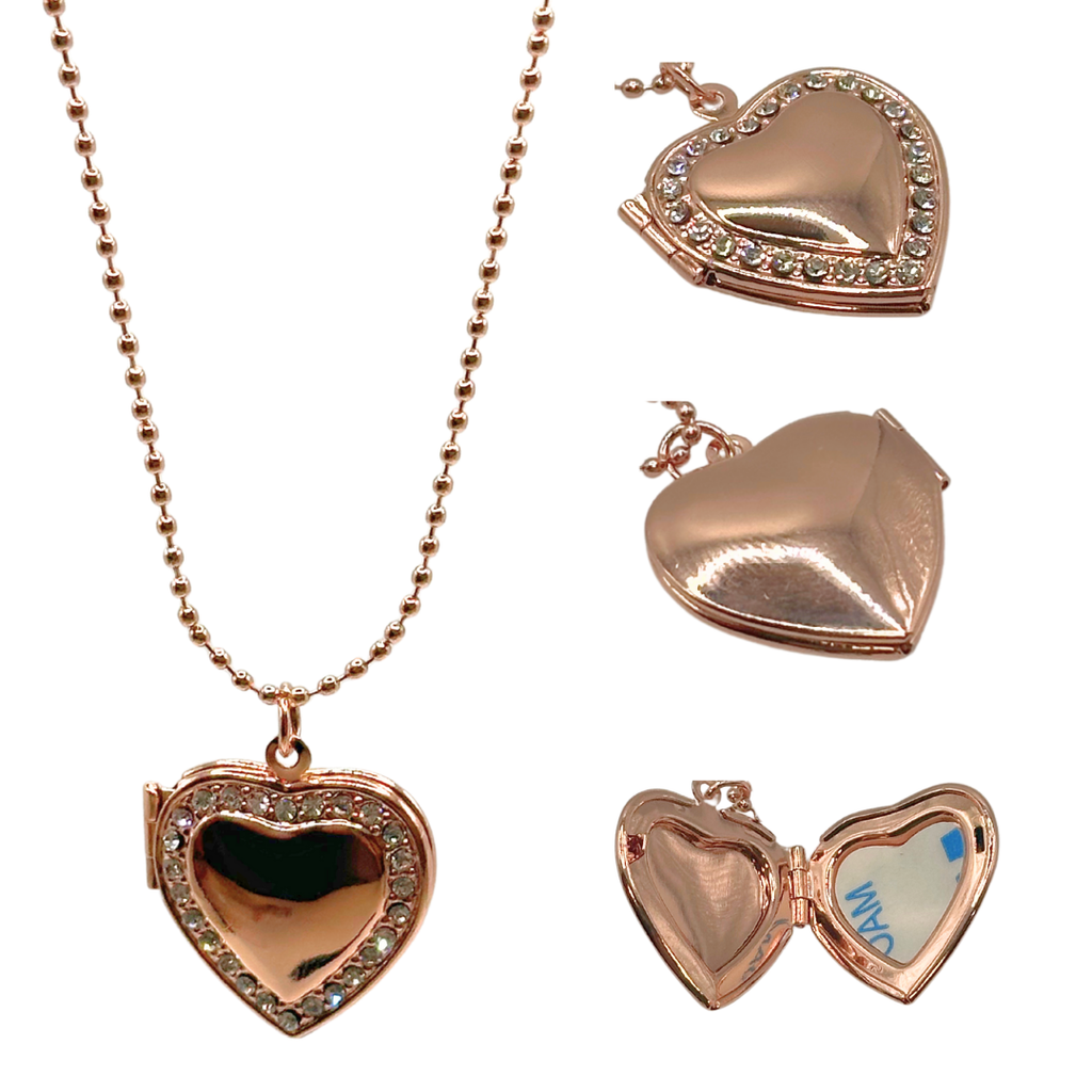Diamanté Love Heart Outline Necklace Locket - Rose Gold