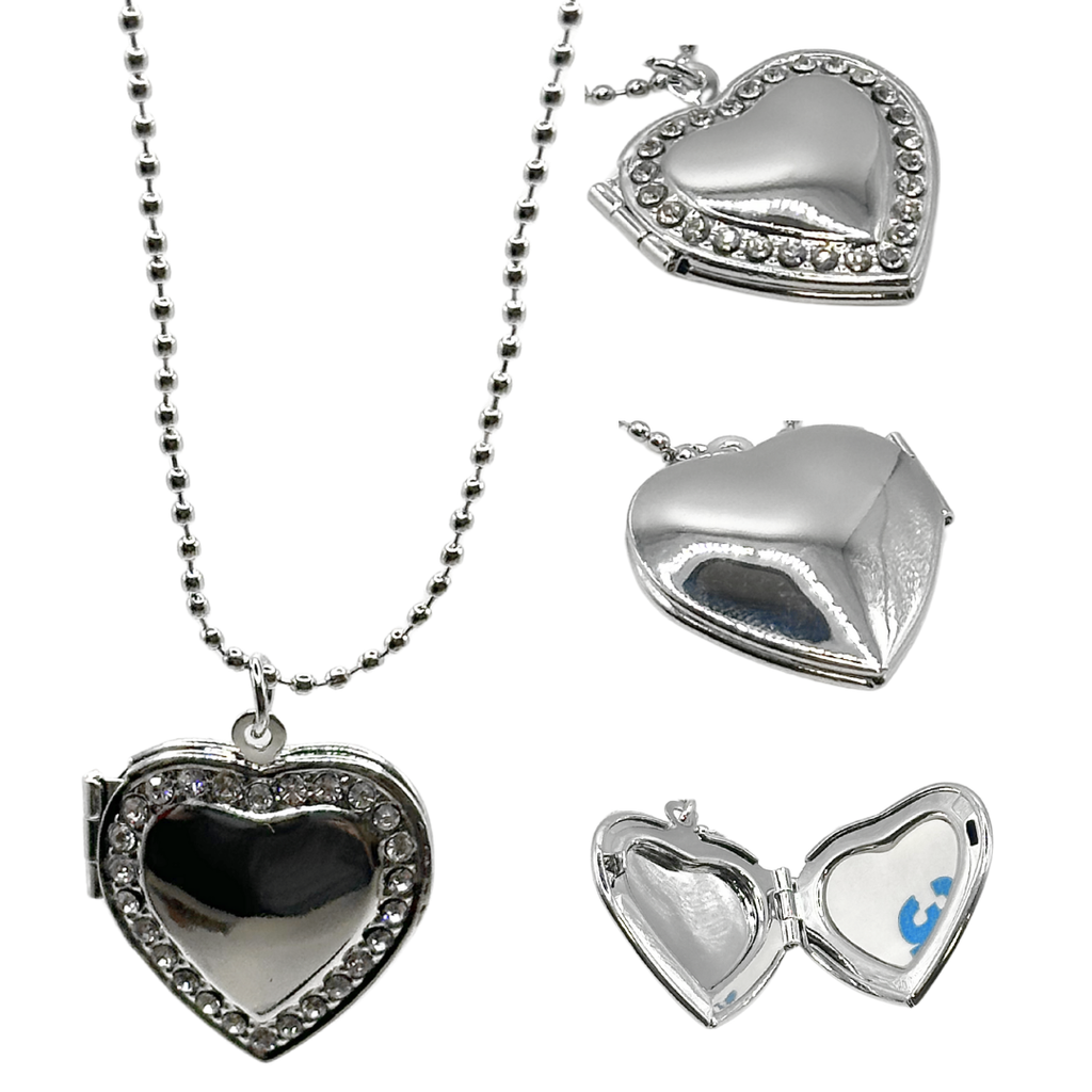 Diamanté Love Heart Outline Necklace Locket - Silver
