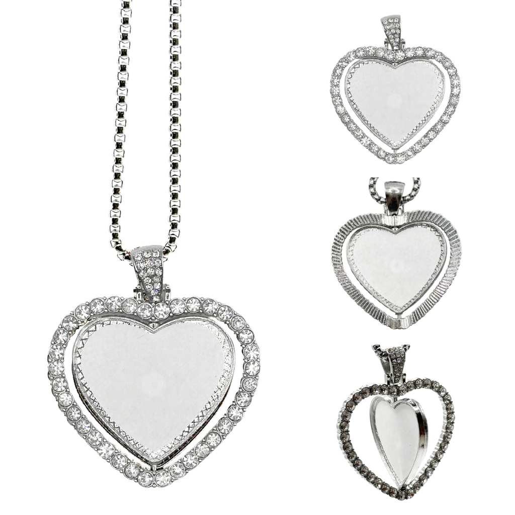 Spinning Silver Diamanté Heart Necklace (Double Sided) Sublimation Blank