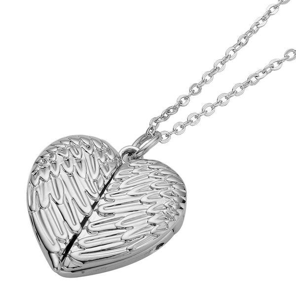 Angel Wings Heart Shaped Locket Necklace - Silver