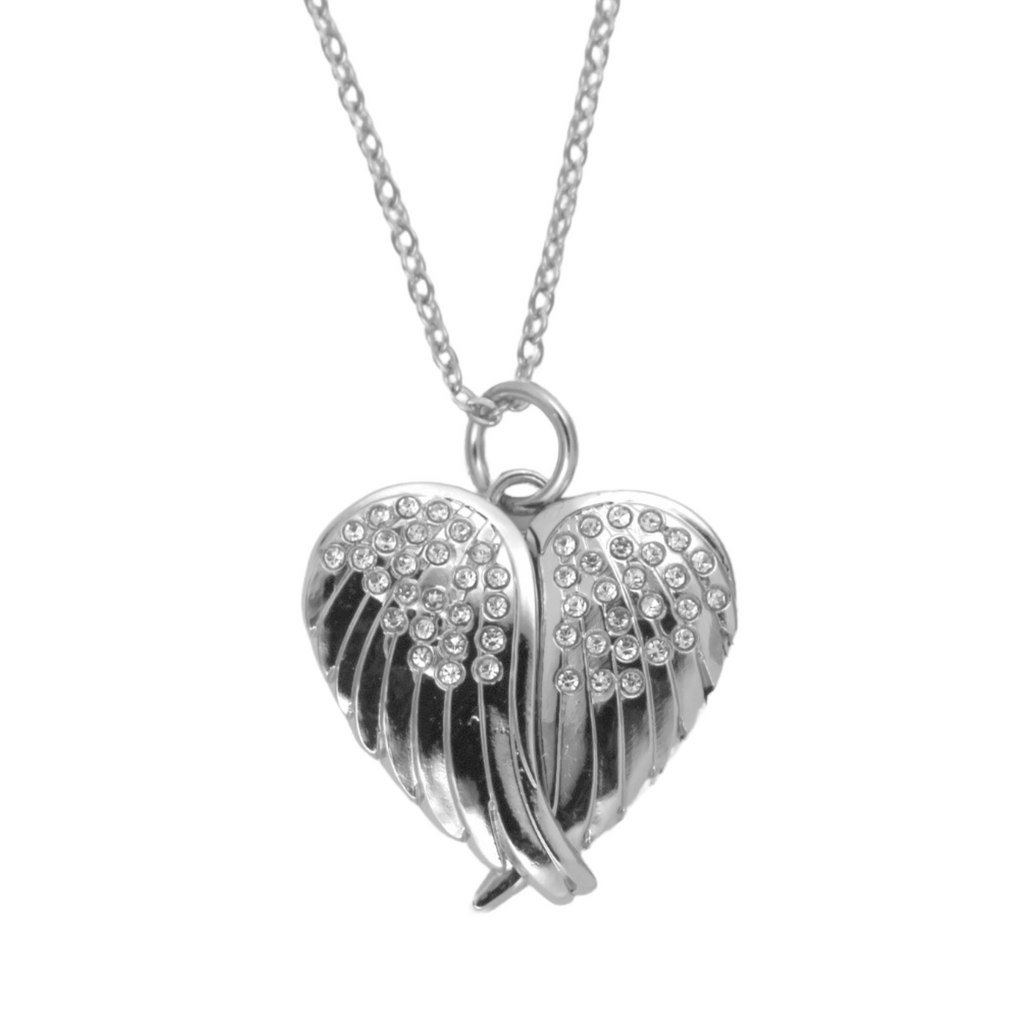 Diamanté Angel Wings Heart Shaped Locket Necklace - Silver