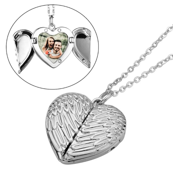 Angel Wings Heart Shaped Locket Necklace - Silver Sublizon